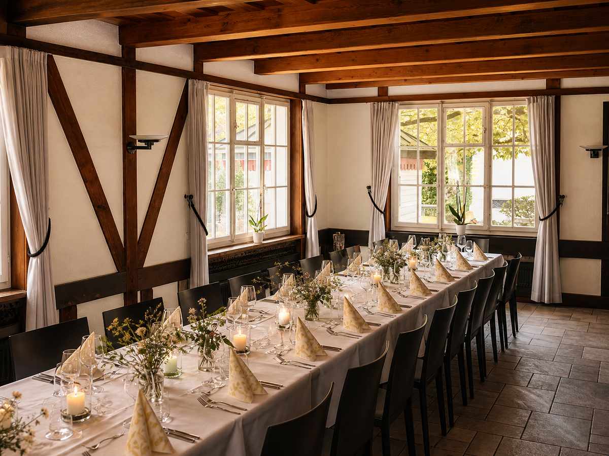 Festlich gedeckte Tafel im Speisesaal des Bären Gerzensee.