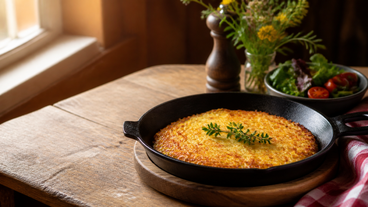 Symbolbild einer goldbraunen Rösti in einer Pfanne